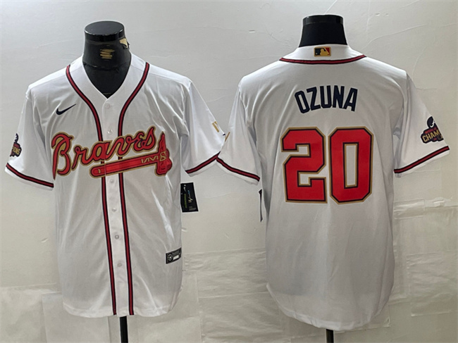 Men's Atlanta Braves #20 Marcell Ozuna White/Gold World Series Champions Cool Base Stitched Baseball Jersey